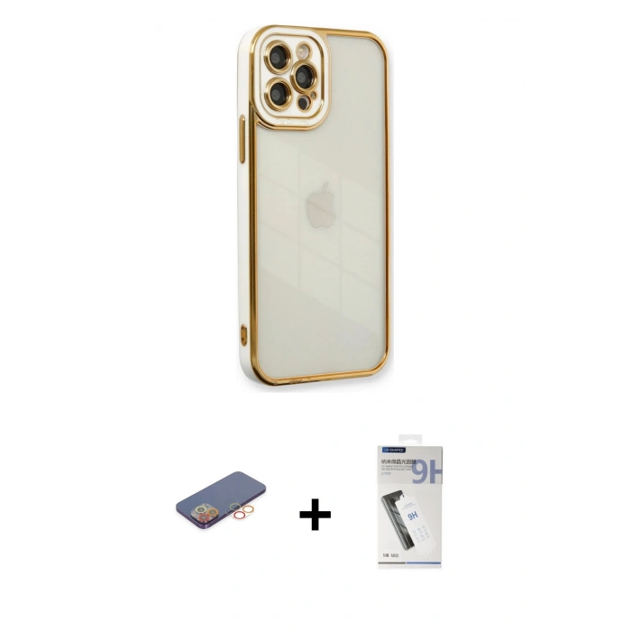 MARSİLYAN™- iPhone 12 Pro Max Kılıf Çekirdek Klasik Serisi - Şeffaf Uv Polymer Nano Ekran Koruyucu + Renkli Kamera Lens Koruma Cam - TU