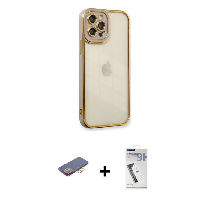 MARSİLYAN™- iPhone 12 Pro Max Kılıf Çekirdek Klasik Serisi - Şeffaf Uv Polymer Nano Ekran Koruyucu + Renkli Kamera Lens Koruma Cam - TU