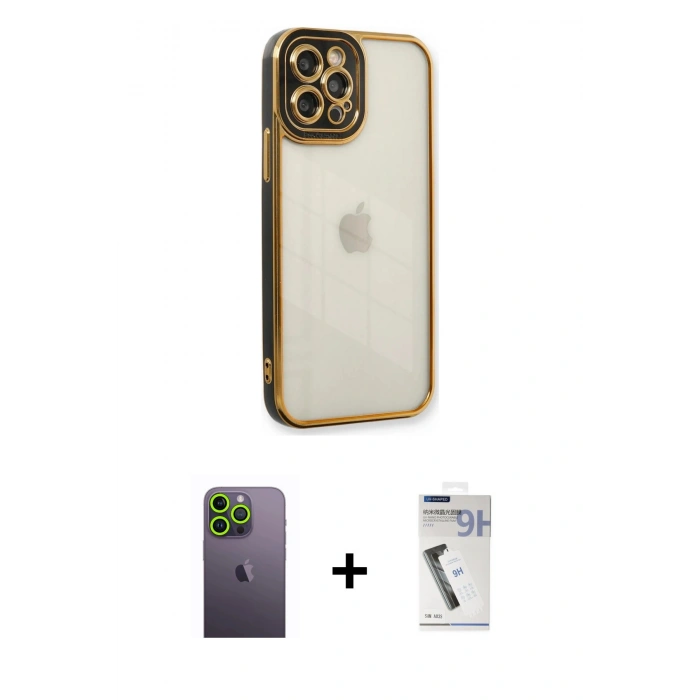 MARSİLYAN™- iPhone 12 Pro Max Kılıf Çekirdek Klasik Serisi - Şeffaf Uv Polymer Nano Ekran Koruyucu + Neon Fosforlu Kamera Lens - YL