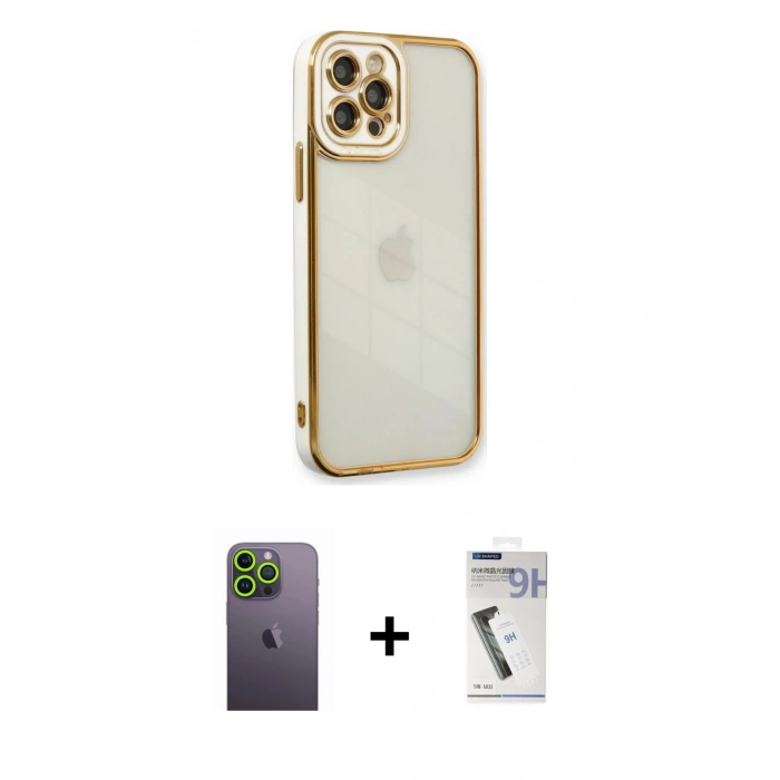 MARSİLYAN™- iPhone 12 Pro Max Kılıf Çekirdek Klasik Serisi - Şeffaf Uv Polymer Nano Ekran Koruyucu + Neon Fosforlu Kamera Lens - YL