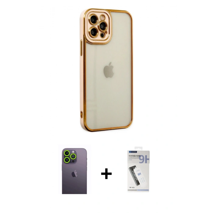 MARSİLYAN™- iPhone 12 Pro Max Kılıf Çekirdek Klasik Serisi - Şeffaf Uv Polymer Nano Ekran Koruyucu + Neon Fosforlu Kamera Lens - YL