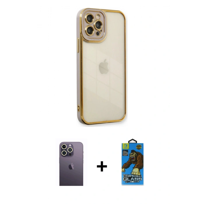 MARSİLYAN™- iPhone 12 Pro Max Kılıf Çekirdek Klasik Serisi - Siyah 18D Cam Ekran Koruyucu + Neon Fosforlu Kamera Lens - BZ