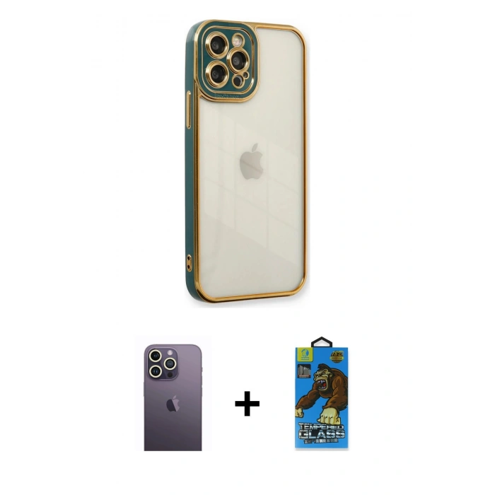 MARSİLYAN™- iPhone 12 Pro Max Kılıf Çekirdek Klasik Serisi - Siyah 18D Cam Ekran Koruyucu + Neon Fosforlu Kamera Lens - BZ