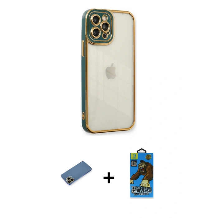 MARSİLYAN™- iPhone 12 Pro Max Kılıf Çekirdek Klasik Serisi - Siyah 18D Cam Ekran Koruyucu + Gold Shine Kamera Lens Koruma Cam