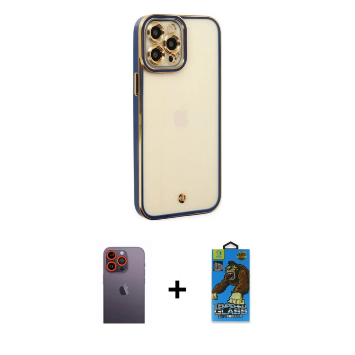 MARSİLYAN™- iPhone 12 Pro Max Kılıf Çekirdek Klasik Serisi - Siyah 18D Cam Ekran Koruyucu + Neon Fosforlu Kamera Lens - TU