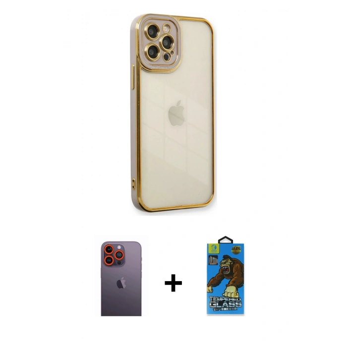 MARSİLYAN™- iPhone 12 Pro Max Kılıf Çekirdek Klasik Serisi - Siyah 18D Cam Ekran Koruyucu + Neon Fosforlu Kamera Lens - TU