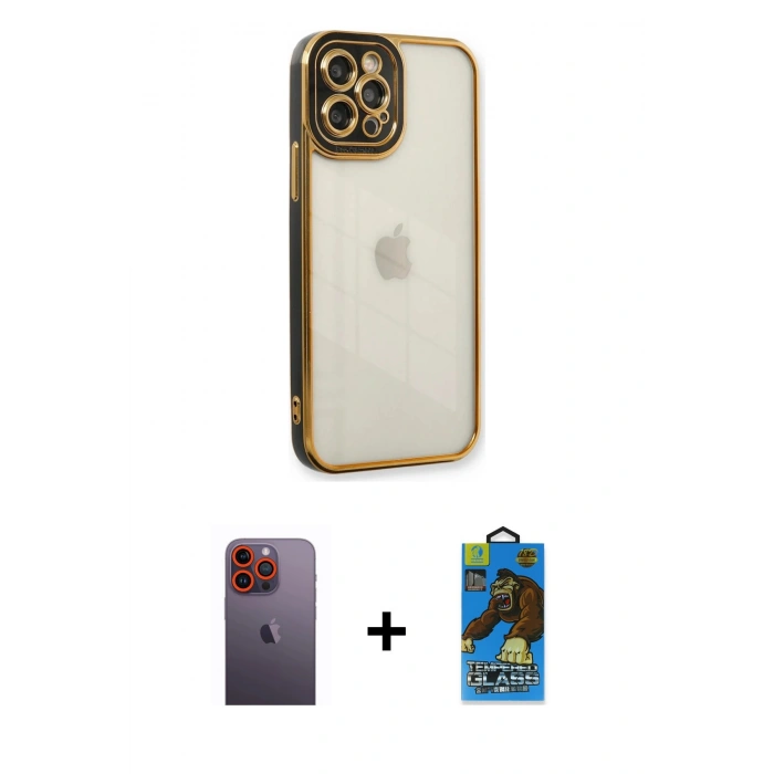 MARSİLYAN™- iPhone 12 Pro Max Kılıf Çekirdek Klasik Serisi - Siyah 18D Cam Ekran Koruyucu + Neon Fosforlu Kamera Lens - TU