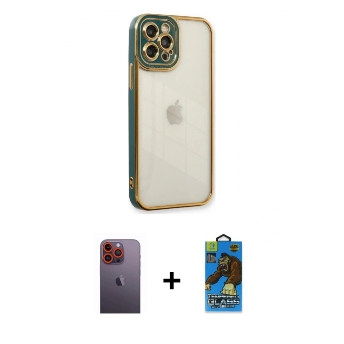 MARSİLYAN™- iPhone 12 Pro Max Kılıf Çekirdek Klasik Serisi - Siyah 18D Cam Ekran Koruyucu + Neon Fosforlu Kamera Lens - TU