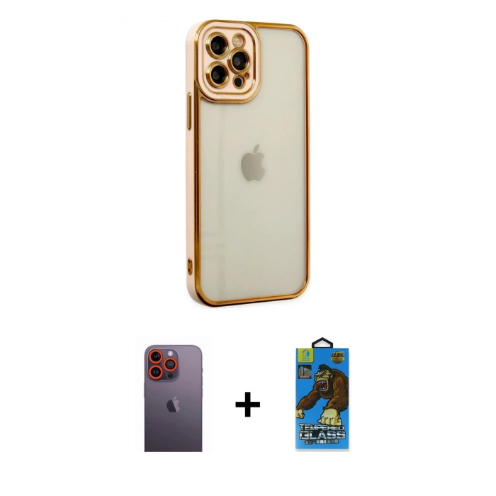 MARSİLYAN™- iPhone 12 Pro Max Kılıf Çekirdek Klasik Serisi - Siyah 18D Cam Ekran Koruyucu + Neon Fosforlu Kamera Lens - TU