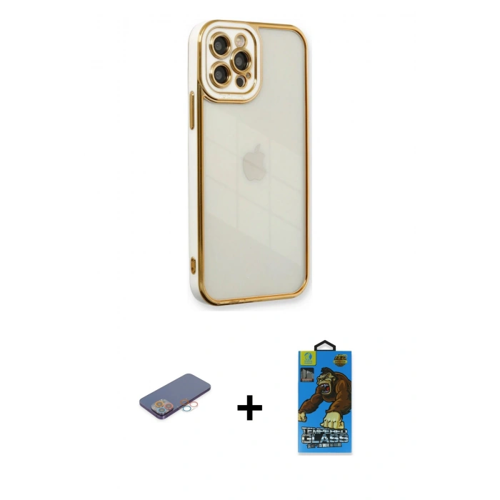 MARSİLYAN™- iPhone 12 Pro Max Kılıf Çekirdek Klasik Serisi - Siyah 18D Cam Ekran Koruyucu + Renkli Kamera Lens Koruma Cam - PE