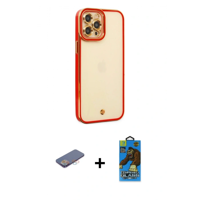 MARSİLYAN™- iPhone 12 Pro Max Kılıf Çekirdek Klasik Serisi - Siyah 18D Cam Ekran Koruyucu + Renkli Kamera Lens Koruma Cam - PE