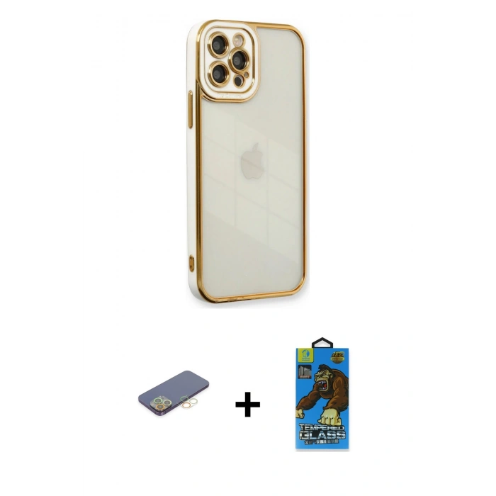 MARSİLYAN™- iPhone 12 Pro Max Kılıf Çekirdek Klasik Serisi - Siyah 18D Cam Ekran Koruyucu + Renkli Kamera Lens Koruma Cam - SI