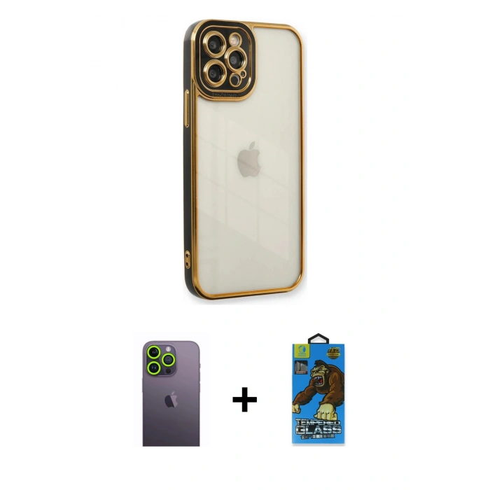 MARSİLYAN™- iPhone 12 Pro Max Kılıf Çekirdek Klasik Serisi - Siyah 18D Cam Ekran Koruyucu + Neon Fosforlu Kamera Lens - YL