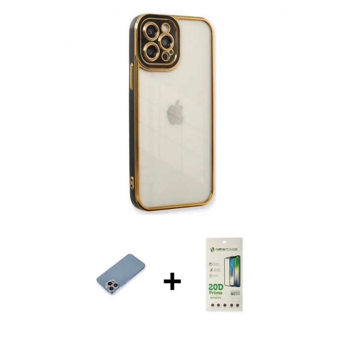 MARSİLYAN™- iPhone 12 Pro Max Kılıf Çekirdek Klasik Serisi - Siyah 20D Premium Cam Ekran Koruyucu + Shine Kamera Lens Koruma Cam - GI