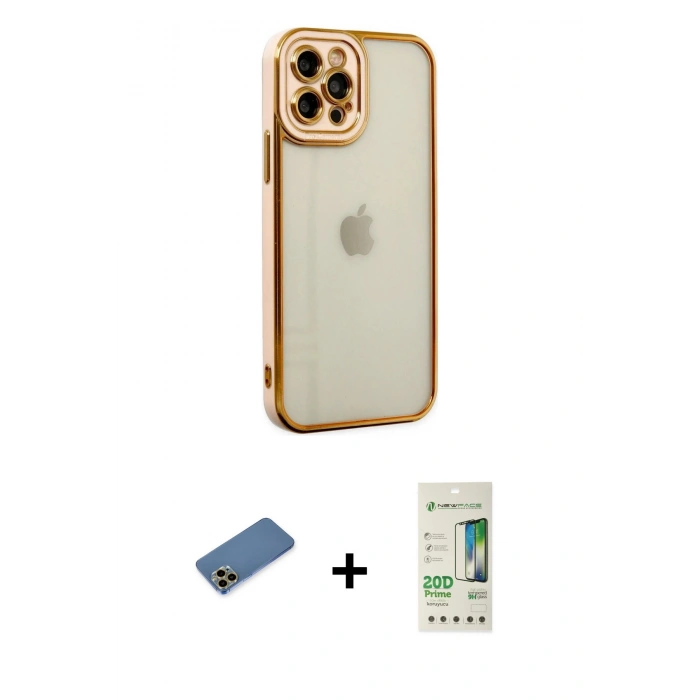 MARSİLYAN™- iPhone 12 Pro Max Kılıf Çekirdek Klasik Serisi - Siyah 20D Premium Cam Ekran Koruyucu + Gold Shine Kamera Lens Koruma Cam