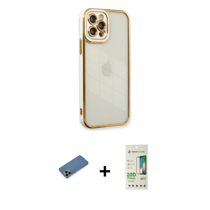MARSİLYAN™- iPhone 12 Pro Max Kılıf Çekirdek Klasik Serisi - Siyah 20D Premium Cam Ekran Koruyucu + Gold Shine Kamera Lens Koruma Cam