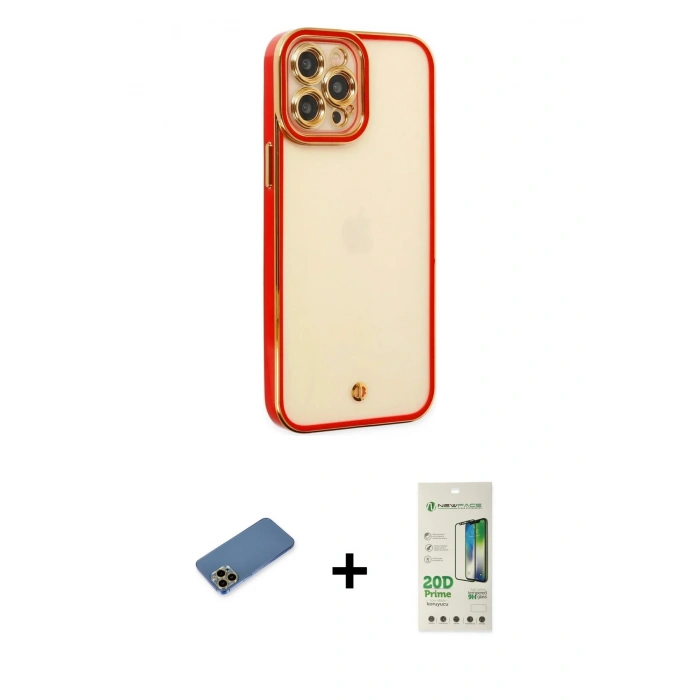 MARSİLYAN™- iPhone 12 Pro Max Kılıf Çekirdek Klasik Serisi - Siyah 20D Premium Cam Ekran Koruyucu + Gold Shine Kamera Lens Koruma Cam