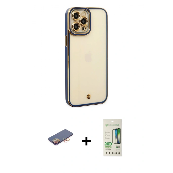 MARSİLYAN™- iPhone 12 Pro Max Kılıf Çekirdek Klasik Serisi - Siyah 20D Premium Cam Ekran Koruyucu + Turuncu Renkli Kamera Lens Koruma Cam
