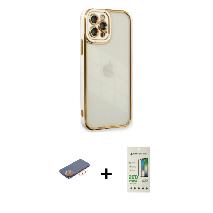 MARSİLYAN™- iPhone 12 Pro Max Kılıf Çekirdek Klasik Serisi - Siyah 20D Premium Cam Ekran Koruyucu + Turuncu Renkli Kamera Lens Koruma Cam