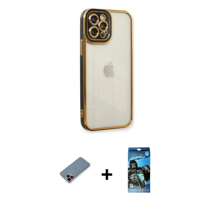 MARSİLYAN™- iPhone 12 Pro Max Kılıf Çekirdek Klasik Serisi - Siyah 34D Izgaralı Cam + Metal Kamera Lens Koruma Cam - KI