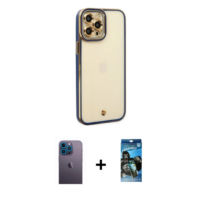 MARSİLYAN™- iPhone 12 Pro Max Kılıf Çekirdek Klasik Serisi - Siyah 34D Izgaralı Cam + Neon Fosforlu Kamera Lens - MI