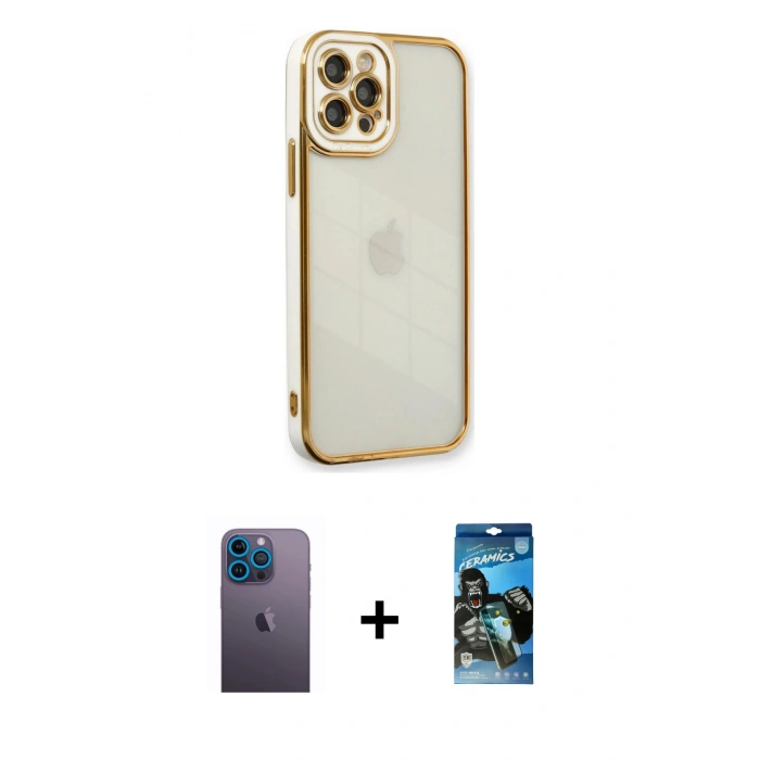 MARSİLYAN™- iPhone 12 Pro Max Kılıf Çekirdek Klasik Serisi - Siyah 34D Izgaralı Cam + Neon Fosforlu Kamera Lens - MI