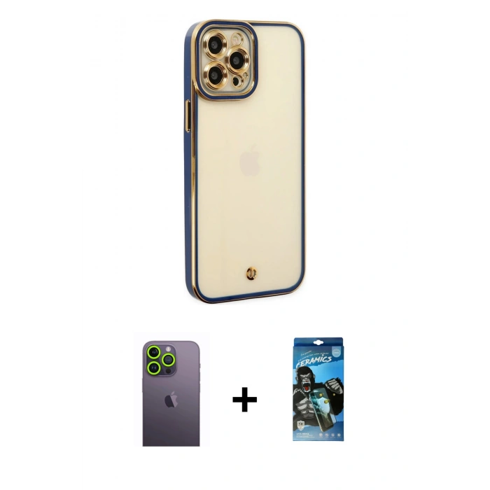 MARSİLYAN™- iPhone 12 Pro Max Kılıf Çekirdek Klasik Serisi - Siyah 34D Izgaralı Cam + Neon Fosforlu Kamera Lens - YL