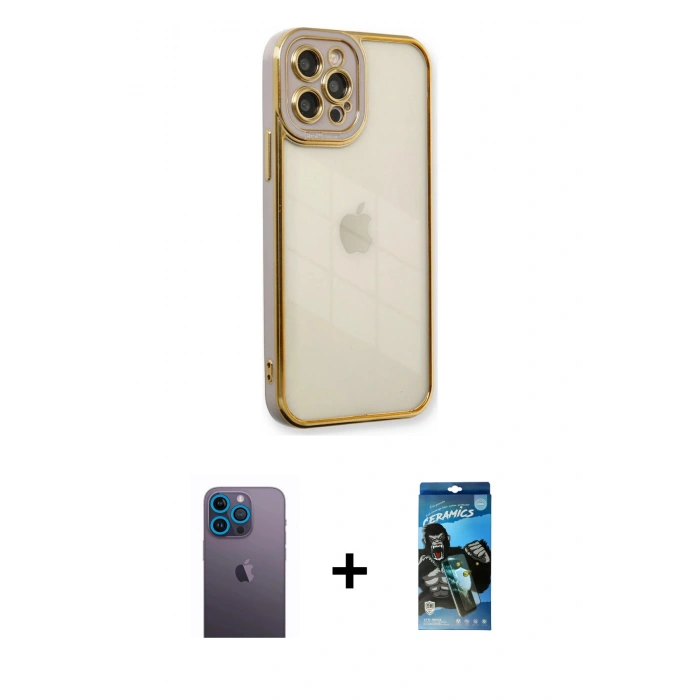 MARSİLYAN™- iPhone 12 Pro Max Kılıf Çekirdek Klasik Serisi - Siyah 34D Izgaralı Cam + Neon Fosforlu Kamera Lens - MI