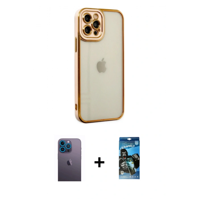 MARSİLYAN™- iPhone 12 Pro Max Kılıf Çekirdek Klasik Serisi - Siyah 34D Izgaralı Cam + Neon Fosforlu Kamera Lens - MI