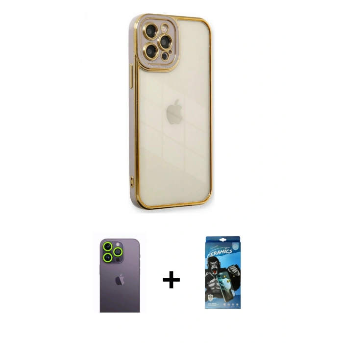 MARSİLYAN™- iPhone 12 Pro Max Kılıf Çekirdek Klasik Serisi - Siyah 34D Izgaralı Cam + Neon Fosforlu Kamera Lens - YL