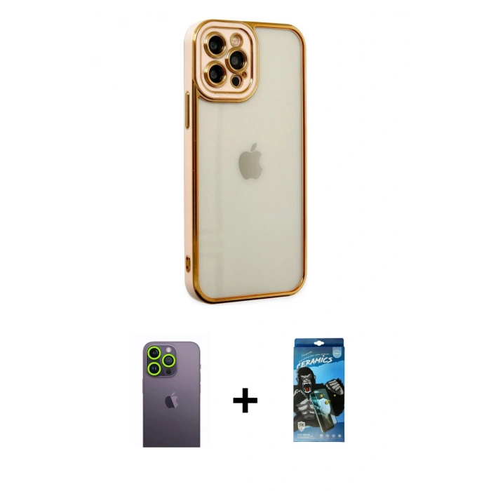 MARSİLYAN™- iPhone 12 Pro Max Kılıf Çekirdek Klasik Serisi - Siyah 34D Izgaralı Cam + Neon Fosforlu Kamera Lens - YL