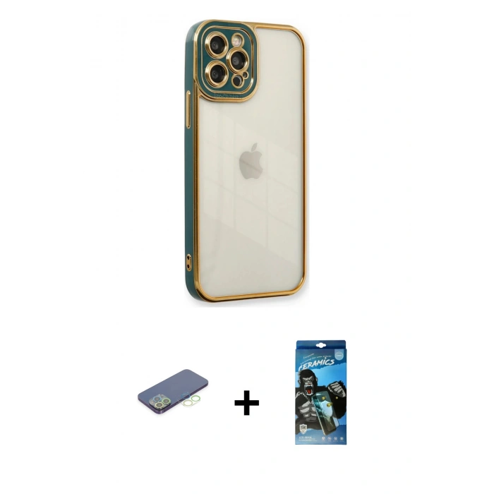 MARSİLYAN™- iPhone 12 Pro Max Kılıf Çekirdek Klasik Serisi - Siyah 34D Izgaralı Cam + Renkli Kamera Lens Koruma Cam - YL
