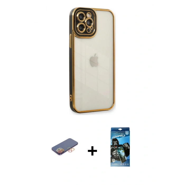 MARSİLYAN™- iPhone 12 Pro Max Kılıf Çekirdek Klasik Serisi - Siyah 34D Izgaralı Cam + Renkli Kamera Lens Koruma Cam - TU