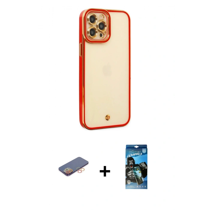MARSİLYAN™- iPhone 12 Pro Max Kılıf Çekirdek Klasik Serisi - Siyah 34D Izgaralı Cam + Renkli Kamera Lens Koruma Cam - TU