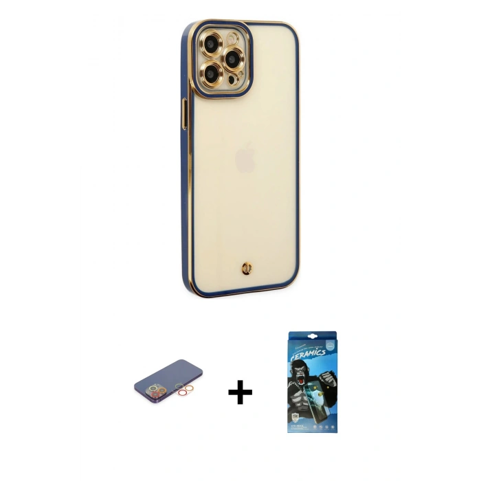 MARSİLYAN™- iPhone 12 Pro Max Kılıf Çekirdek Klasik Serisi - Siyah 34D Izgaralı Cam + Renkli Kamera Lens Koruma Cam - TU