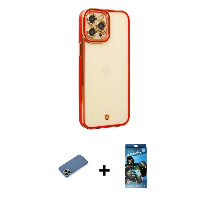 MARSİLYAN™- iPhone 12 Pro Max Kılıf Çekirdek Klasik Serisi - Siyah 34D Izgaralı Cam + Shine Kamera Lens Koruma Cam - GD