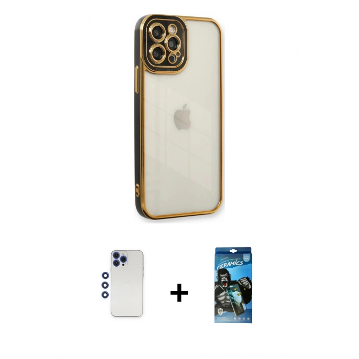 MARSİLYAN™- iPhone 12 Pro Max Kılıf Çekirdek Klasik Serisi - Siyah 34D Izgaralı Cam + Shine Kamera Lens - LT