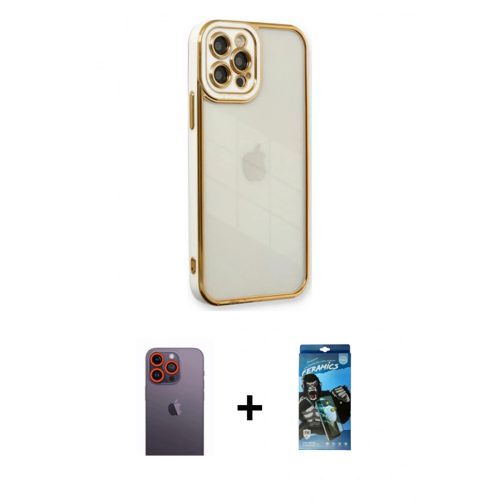 MARSİLYAN™- iPhone 12 Pro Max Kılıf Çekirdek Klasik Serisi - Siyah 34D Izgaralı Cam + Neon Fosforlu Kamera Lens - TU