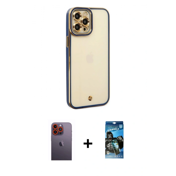 MARSİLYAN™- iPhone 12 Pro Max Kılıf Çekirdek Klasik Serisi - Siyah 34D Izgaralı Cam + Neon Fosforlu Kamera Lens - TU
