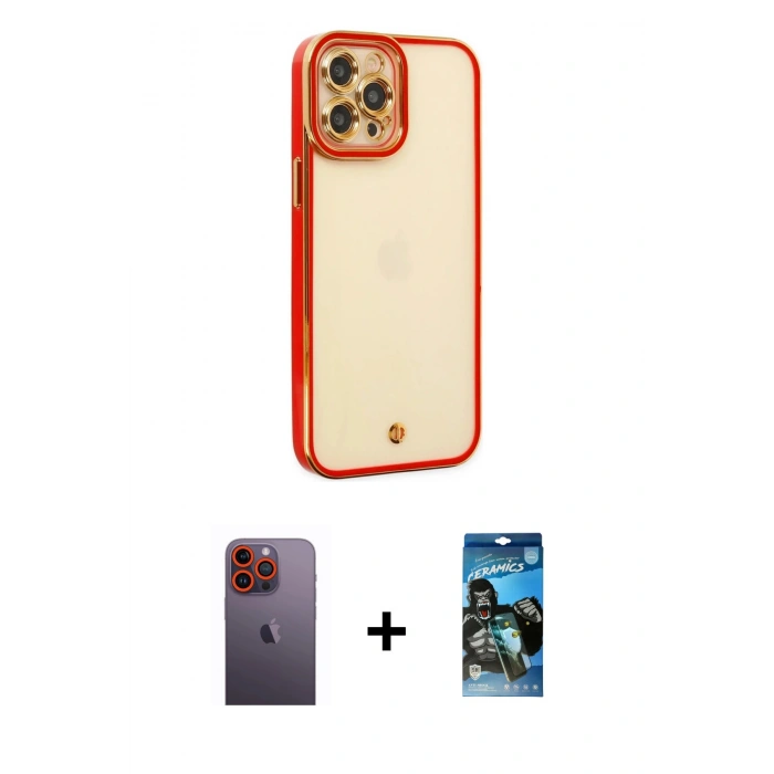 MARSİLYAN™- iPhone 12 Pro Max Kılıf Çekirdek Klasik Serisi - Siyah 34D Izgaralı Cam + Neon Fosforlu Kamera Lens - TU