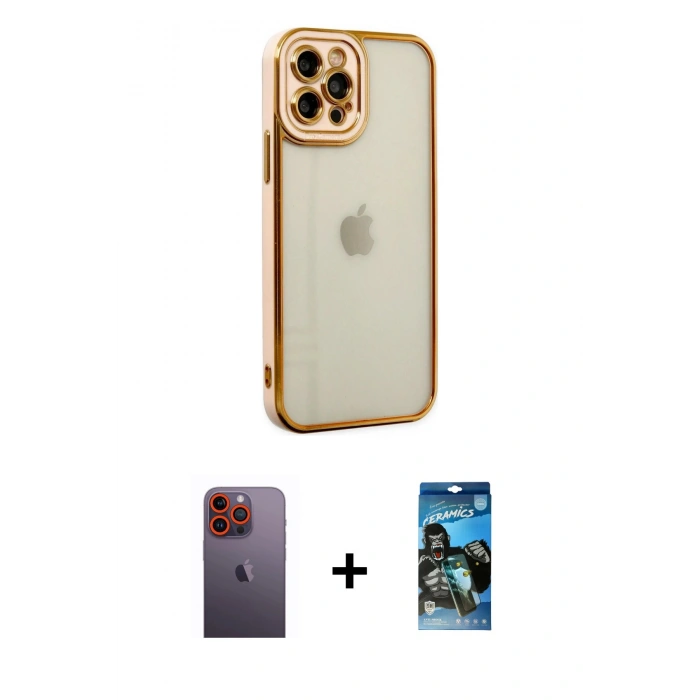 MARSİLYAN™- iPhone 12 Pro Max Kılıf Çekirdek Klasik Serisi - Siyah 34D Izgaralı Cam + Neon Fosforlu Kamera Lens - TU