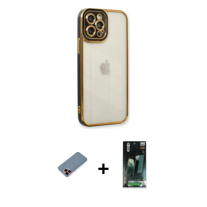 MARSİLYAN™- iPhone 12 Pro Max Kılıf Çekirdek Klasik Serisi - Siyah 360 Mat Full Body Arka Koruyucu + Metal Kamera Lens Koruma Cam - KI