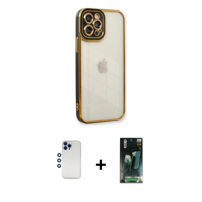 MARSİLYAN™- iPhone 12 Pro Max Kılıf Çekirdek Klasik Serisi - Siyah 360 Mat Full Body Arka Koruyucu + Lacivert Shine Kamera Lens
