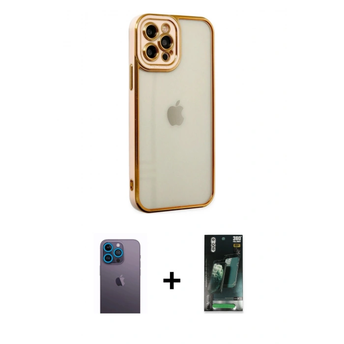 MARSİLYAN™- iPhone 12 Pro Max Kılıf Çekirdek Klasik Serisi - Siyah 360 Mat Full Body Arka Koruyucu + Neon Fosforlu Kamera Lens - MI