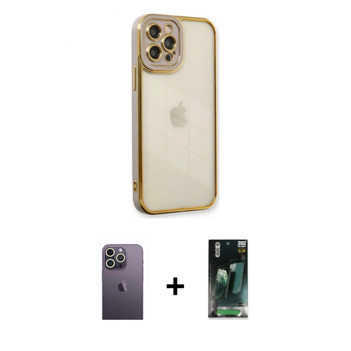 MARSİLYAN™- iPhone 12 Pro Max Kılıf Çekirdek Klasik Serisi - Siyah 360 Mat Full Body Arka Koruyucu + Neon Fosforlu Kamera Lens - BZ