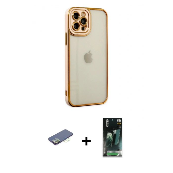 MARSİLYAN™- iPhone 12 Pro Max Kılıf Çekirdek Klasik Serisi - Siyah 360 Mat Full Body Arka Koruyucu + Renkli Kamera Lens Koruma Cam - YL
