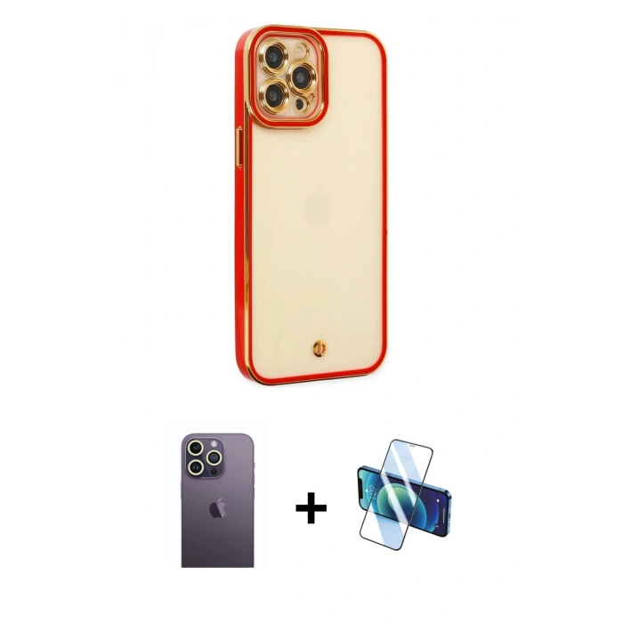 MARSİLYAN™- iPhone 12 Pro Max Kılıf Çekirdek Klasik Serisi - Siyah 3D Antistatik Cam Ekran Koruyucu + Neon Fosforlu Kamera Lens - BZ