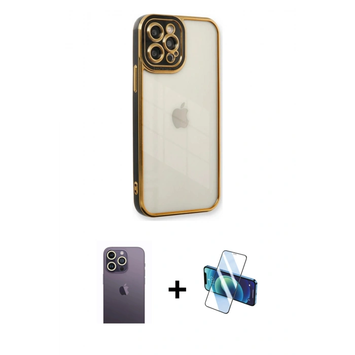 MARSİLYAN™- iPhone 12 Pro Max Kılıf Çekirdek Klasik Serisi - Siyah 3D Antistatik Cam Ekran Koruyucu + Neon Fosforlu Kamera Lens - BZ