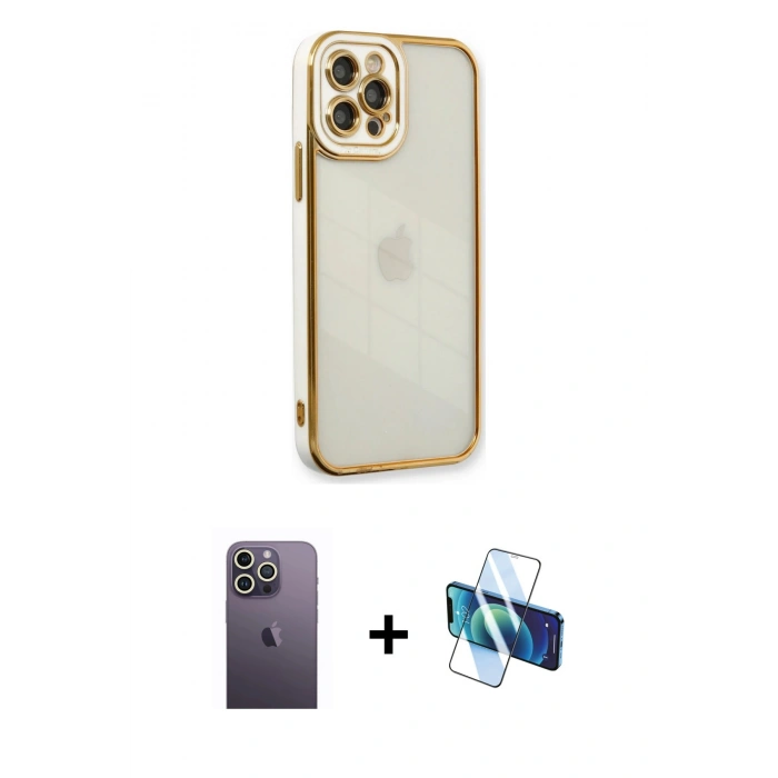 MARSİLYAN™- iPhone 12 Pro Max Kılıf Çekirdek Klasik Serisi - Siyah 3D Antistatik Cam Ekran Koruyucu + Neon Fosforlu Kamera Lens - BZ