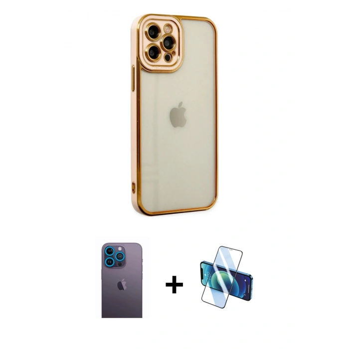 MARSİLYAN™- iPhone 12 Pro Max Kılıf Çekirdek Klasik Serisi - Siyah 3D Antistatik Cam Ekran Koruyucu + Neon Fosforlu Kamera Lens - MI